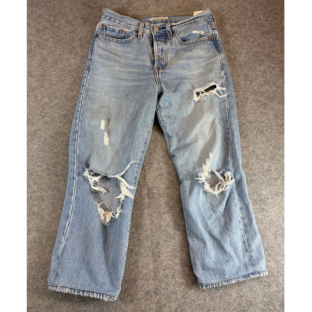Levis Premium Womens 27 Blue Wedgie Straight Button Fly Distressed Jeans